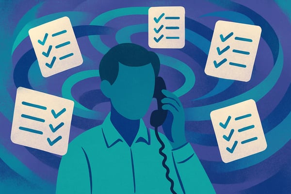 create an abstract image in a landscape layout with an employee that has a bunch of checklist requirements swirling around their head while talking on the phone includes shades of 028c9c 7f68ad and 0267B1-1