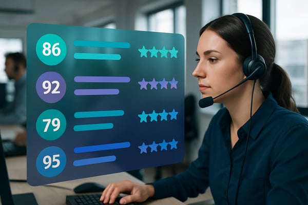create an image of an contact center representing every call conducted by the agent being scored on a scale of 1100 and on a 15 star basis with shades of 028c9c 7f68ad and 0267B1-Oct-13-2025-08-48-05-6049-PM