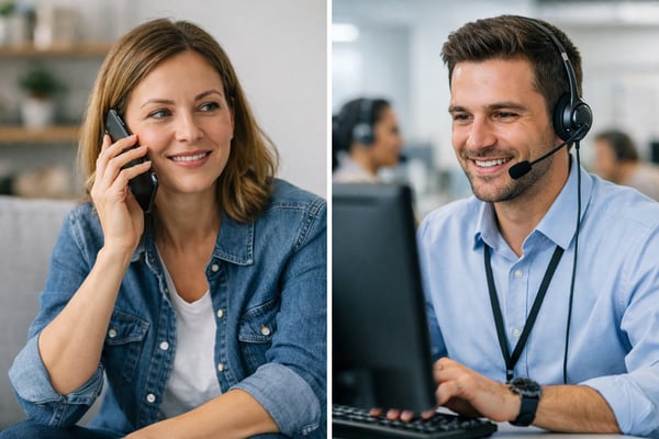 photographic customer on the phone with a contact center agent